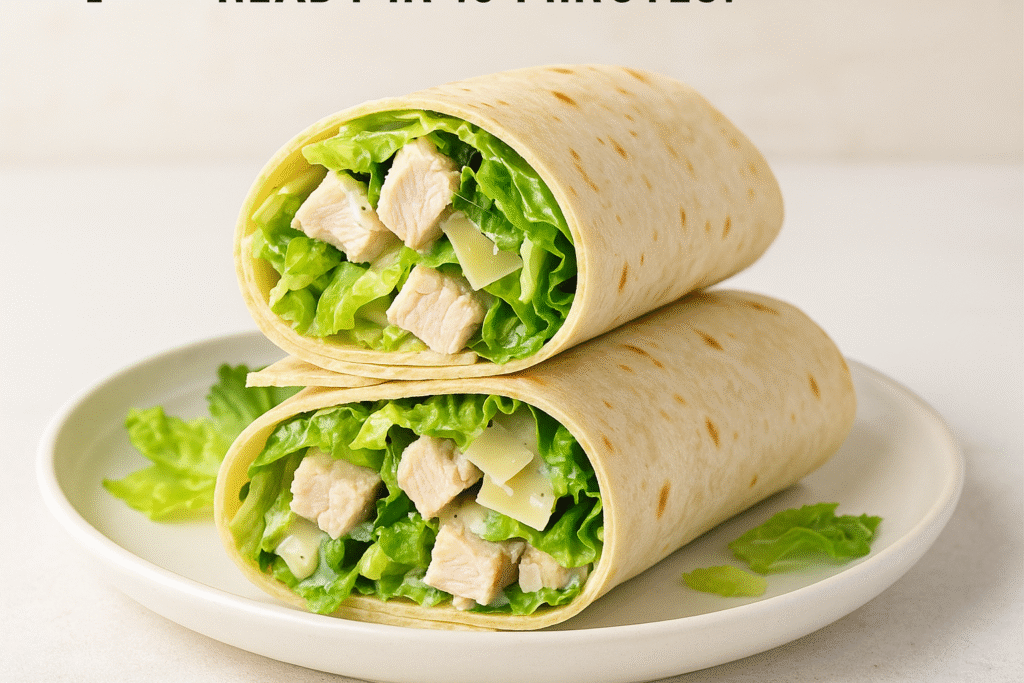 A speedier take on classic Caesar salad. Wrap chicken, romaine, parmesan and Caesar dressing in a tortilla. Ready in 10 minutes!